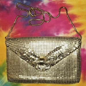 Vintage Gold Metal Mesh Clutch Bag With Strap